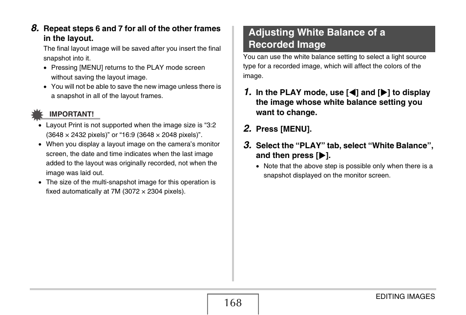 Adjusting white balance of a recorded image | Casio EX-Z1080 User Manual | Page 168 / 267