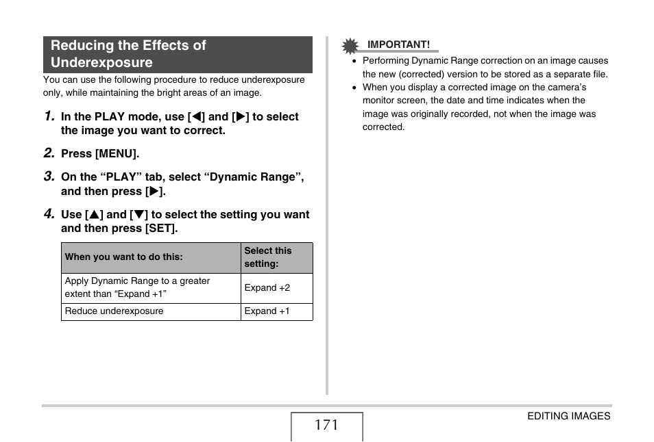 Reducing the effects of underexposure | Casio EX-Z1080 User Manual | Page 171 / 267