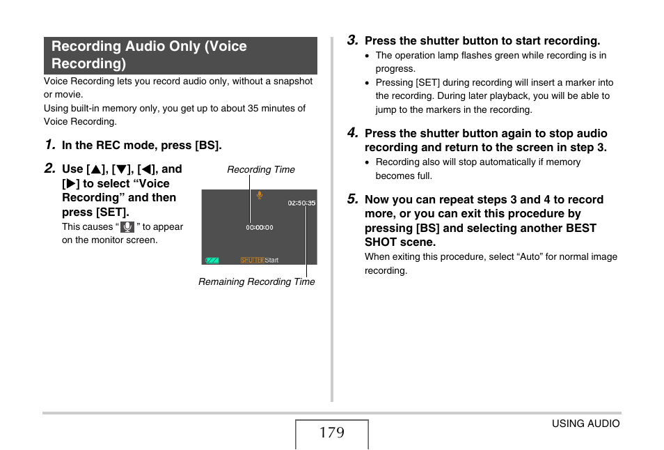 Recording audio only (voice recording) | Casio EX-Z1080 User Manual | Page 179 / 267