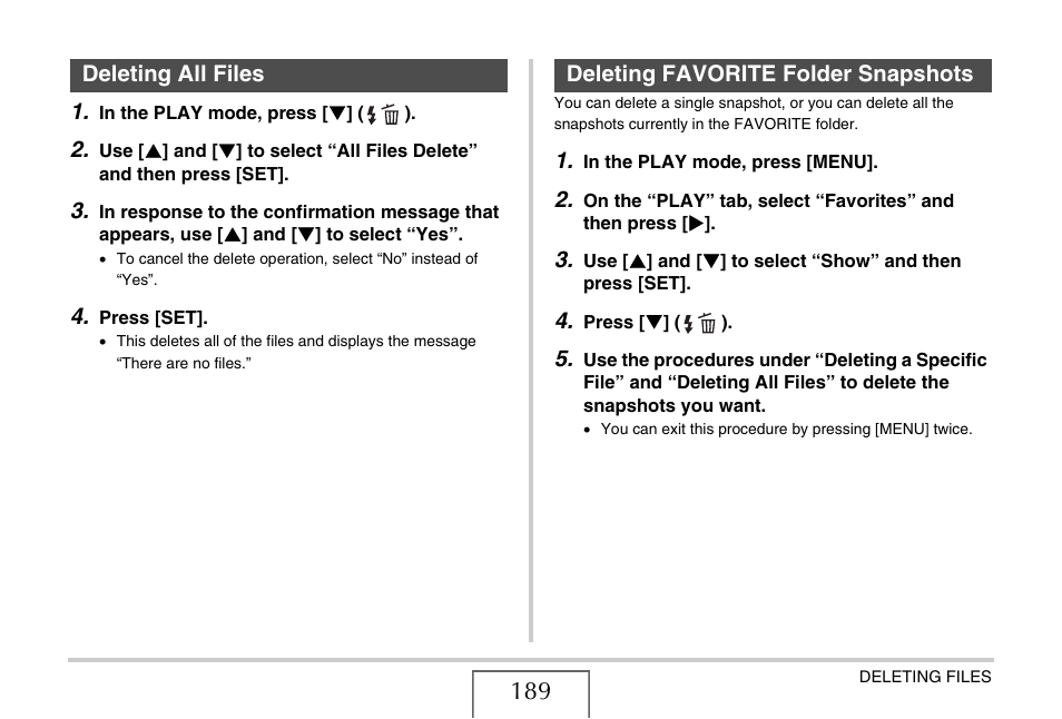 Deleting all files, Deleting favorite folder snapshots | Casio EX-Z1080 User Manual | Page 189 / 267