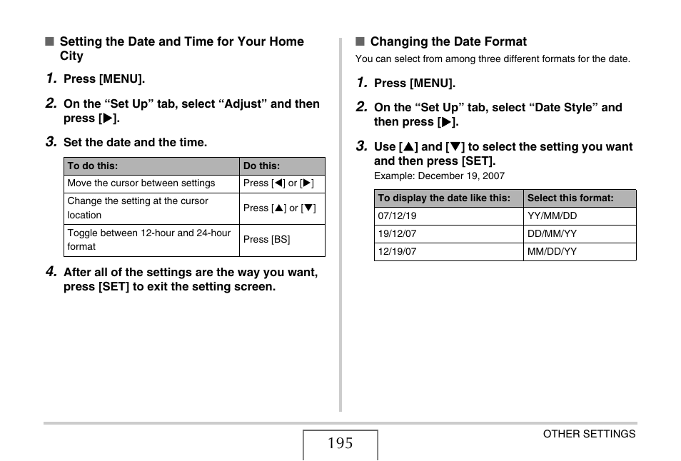 E 195), Setting the date, And time for your home city | Casio EX-Z1080 User Manual | Page 195 / 267