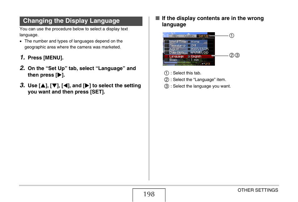 Changing the display language | Casio EX-Z1080 User Manual | Page 198 / 267