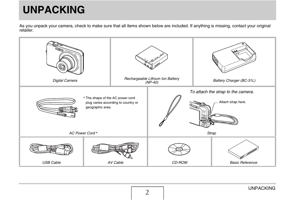 Unpacking | Casio EX-Z1080 User Manual | Page 2 / 267