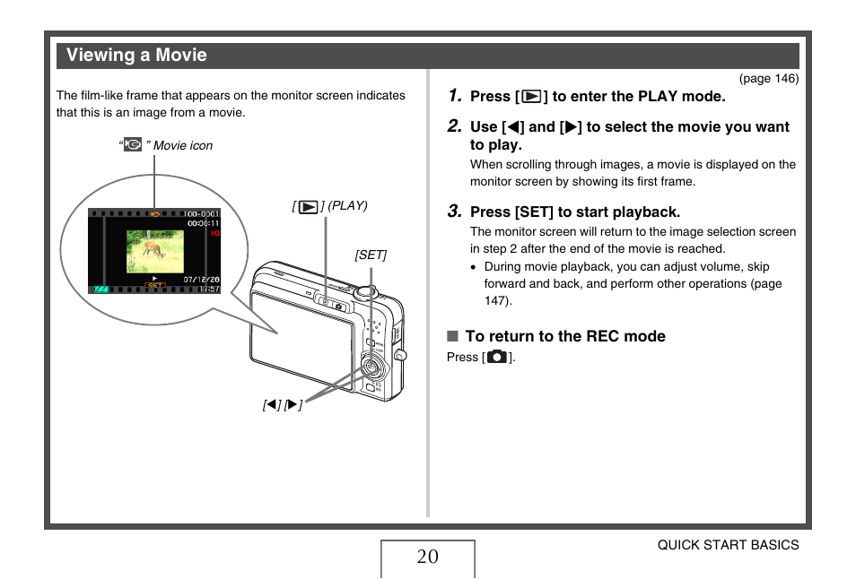 Viewing a movie | Casio EX-Z1080 User Manual | Page 20 / 267