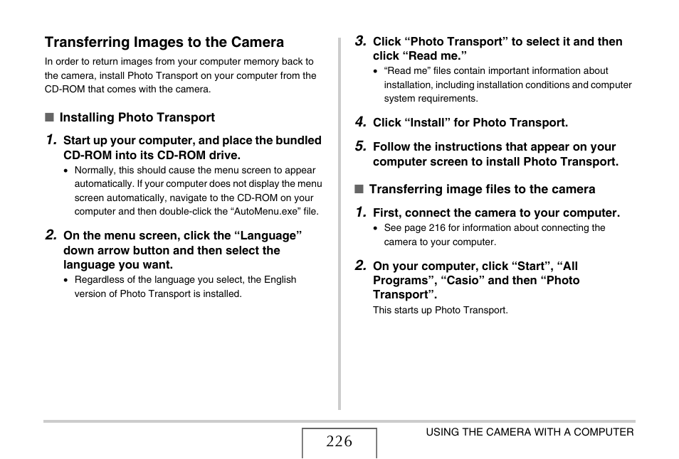 Transferring images to the camera | Casio EX-Z1080 User Manual | Page 226 / 267