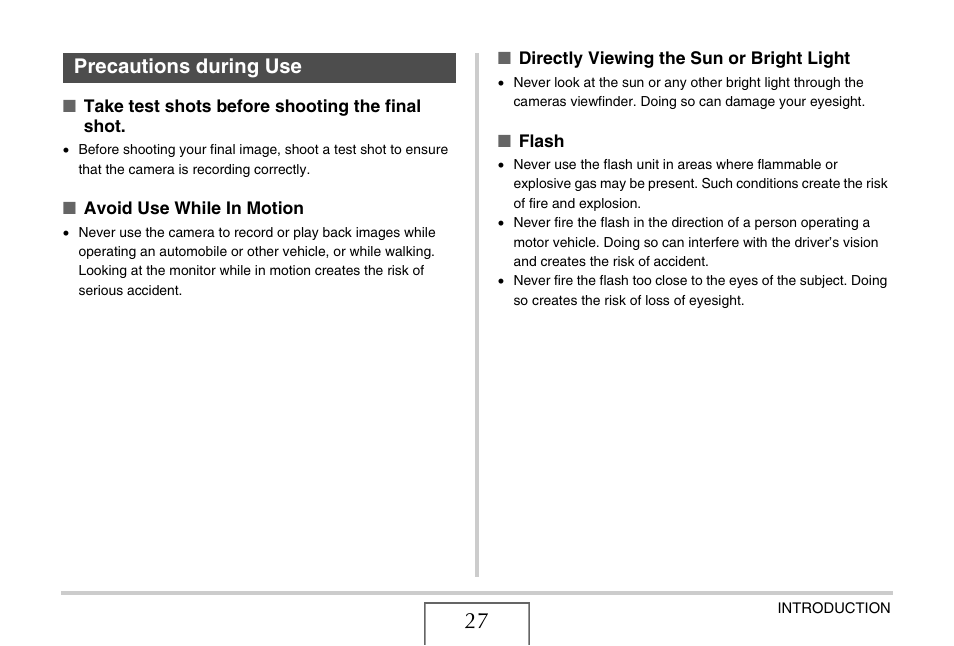 Precautions during use | Casio EX-Z1080 User Manual | Page 27 / 267