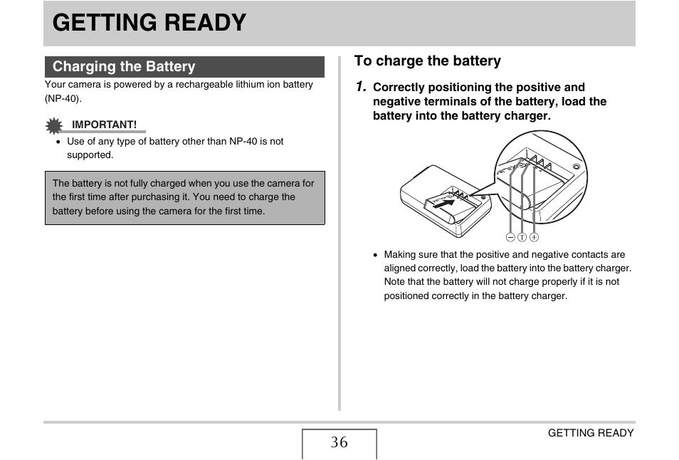 Getting ready, Charging the battery, To charge the battery | Casio EX-Z1080 User Manual | Page 36 / 267