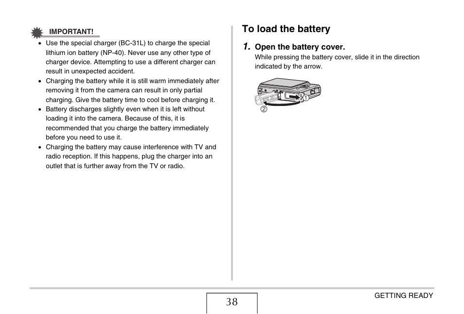 To load the battery | Casio EX-Z1080 User Manual | Page 38 / 267