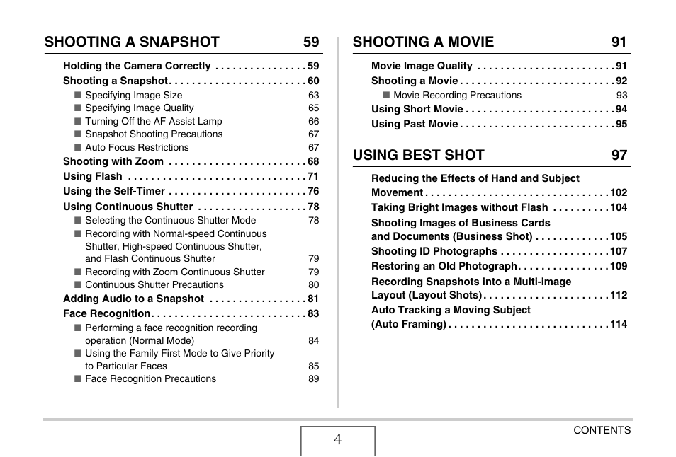 Shooting a snapshot 59, Shooting a movie 91, Using best shot 97 | Casio EX-Z1080 User Manual | Page 4 / 267