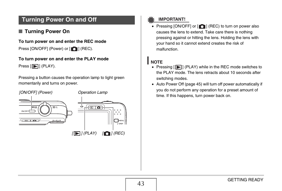 Turning power on and off | Casio EX-Z1080 User Manual | Page 43 / 267