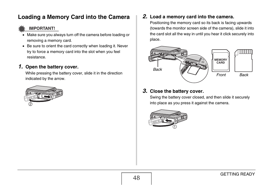 Loading a memory card into the camera | Casio EX-Z1080 User Manual | Page 48 / 267