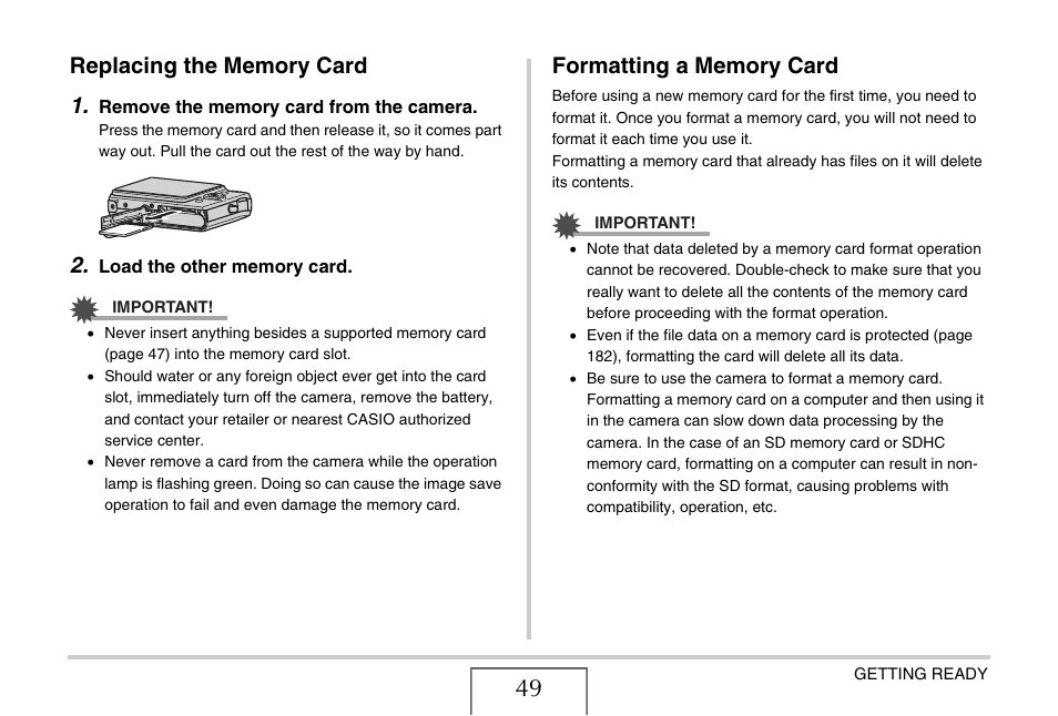 Replacing the memory card, Formatting a memory card | Casio EX-Z1080 User Manual | Page 49 / 267