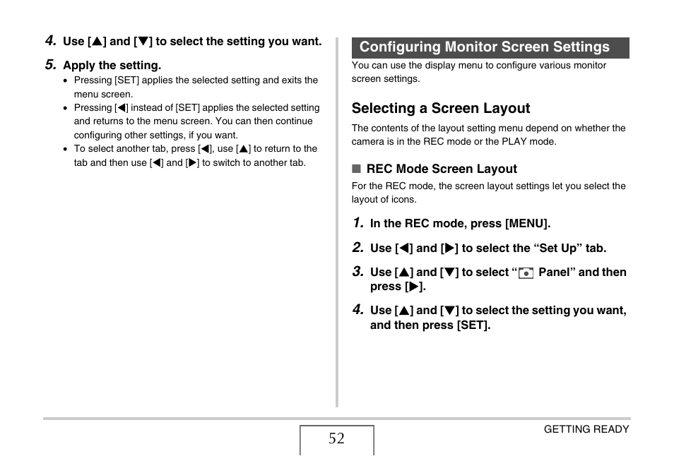 Configuring monitor screen settings, Selecting a screen layout | Casio EX-Z1080 User Manual | Page 52 / 267