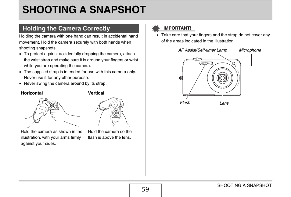 Shooting a snapshot, Holding the camera correctly | Casio EX-Z1080 User Manual | Page 59 / 267