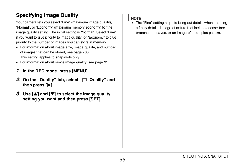 Specifying image quality | Casio EX-Z1080 User Manual | Page 65 / 267