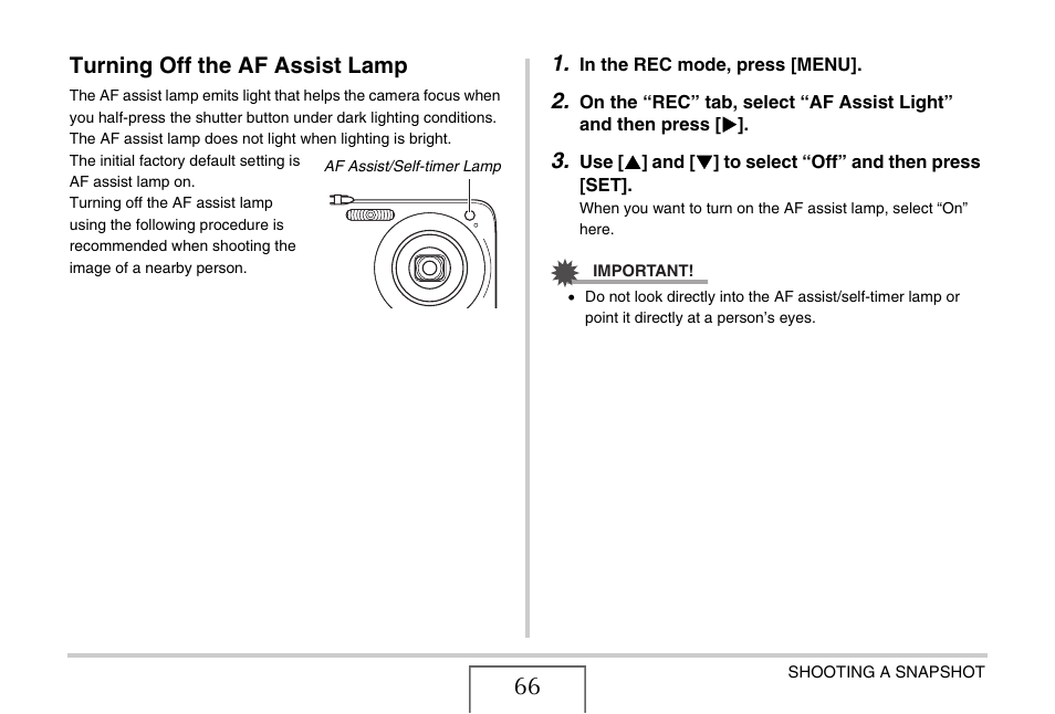 Turning off the af assist lamp | Casio EX-Z1080 User Manual | Page 66 / 267
