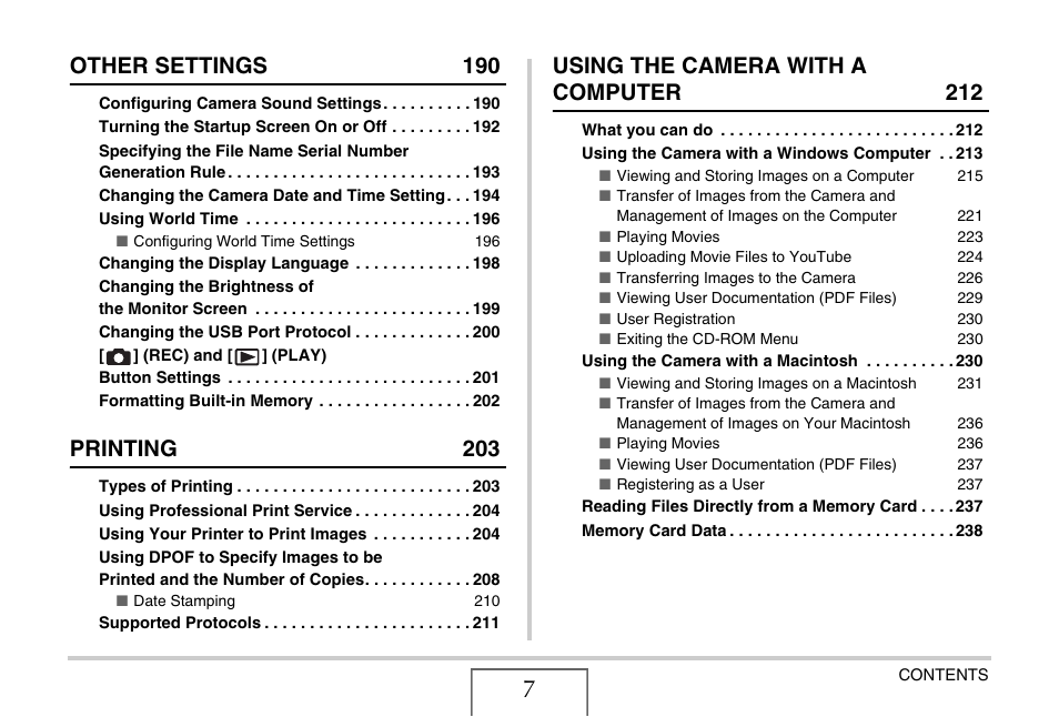 Other settings 190, Printing 203, Using the camera with a computer 212 | Casio EX-Z1080 User Manual | Page 7 / 267