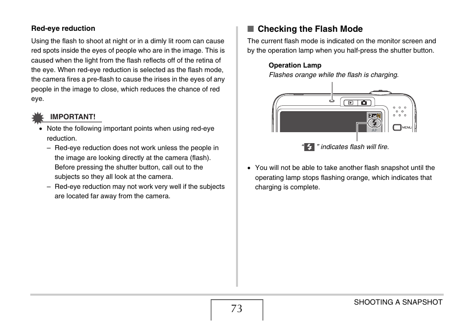 Checking the flash mode | Casio EX-Z1080 User Manual | Page 73 / 267
