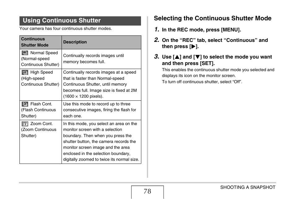 Using continuous shutter, Selecting the continuous shutter mode, Selecting the continuous shutter mode 1 | Casio EX-Z1080 User Manual | Page 78 / 267