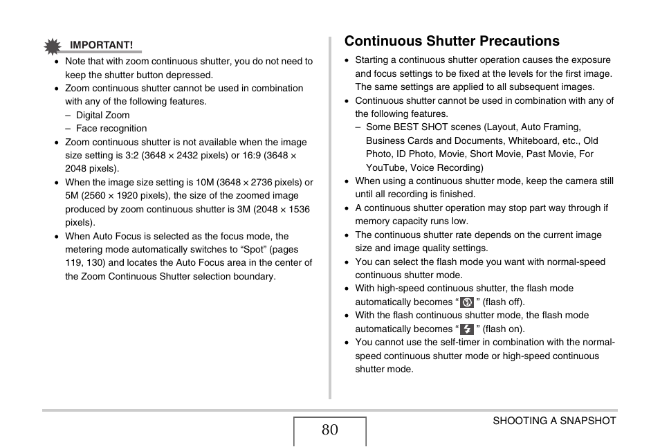 Continuous shutter precautions | Casio EX-Z1080 User Manual | Page 80 / 267