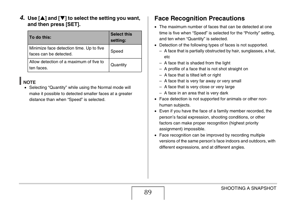 Face recognition precautions | Casio EX-Z1080 User Manual | Page 89 / 267