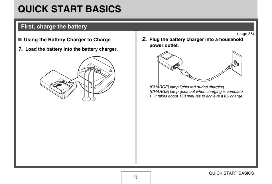 Quick start basics, First, charge the battery | Casio EX-Z1080 User Manual | Page 9 / 267