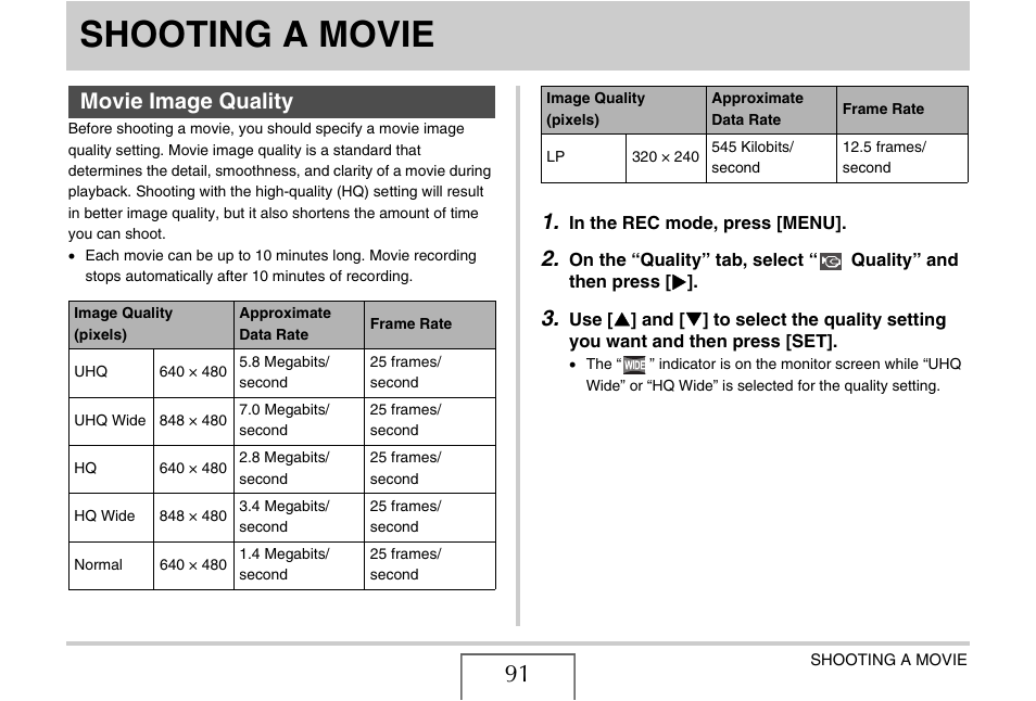 Shooting a movie, Movie image quality, E 91) | Casio EX-Z1080 User Manual | Page 91 / 267