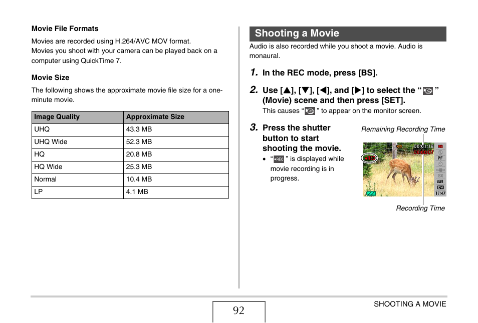 Shooting a movie | Casio EX-Z1080 User Manual | Page 92 / 267