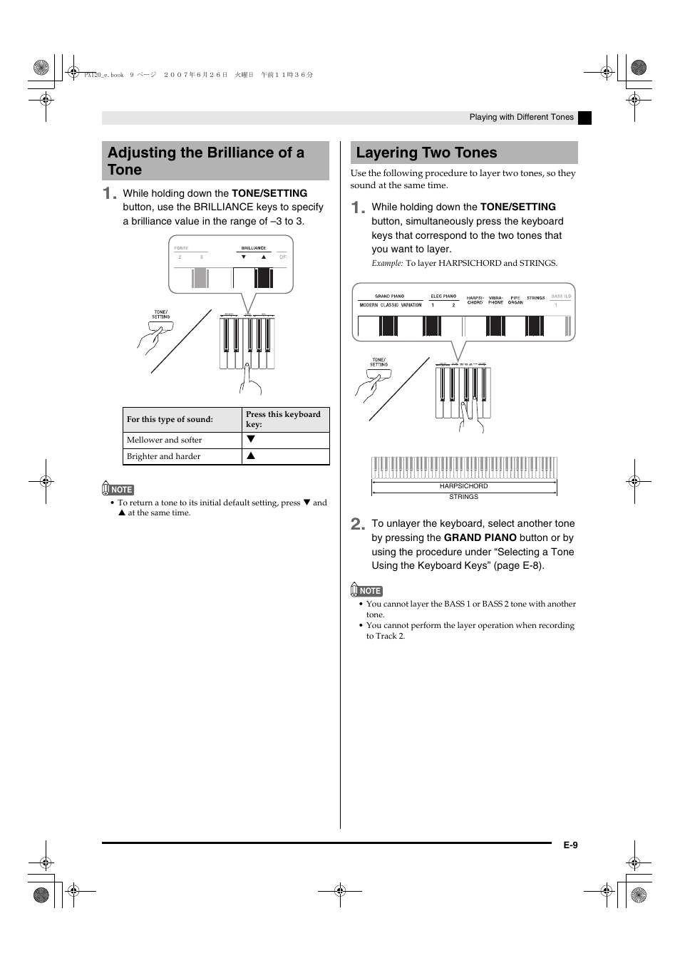 Adjusting the brilliance of a tone, Layering two tones | Casio privia PX-120 User Manual | Page 11 / 38