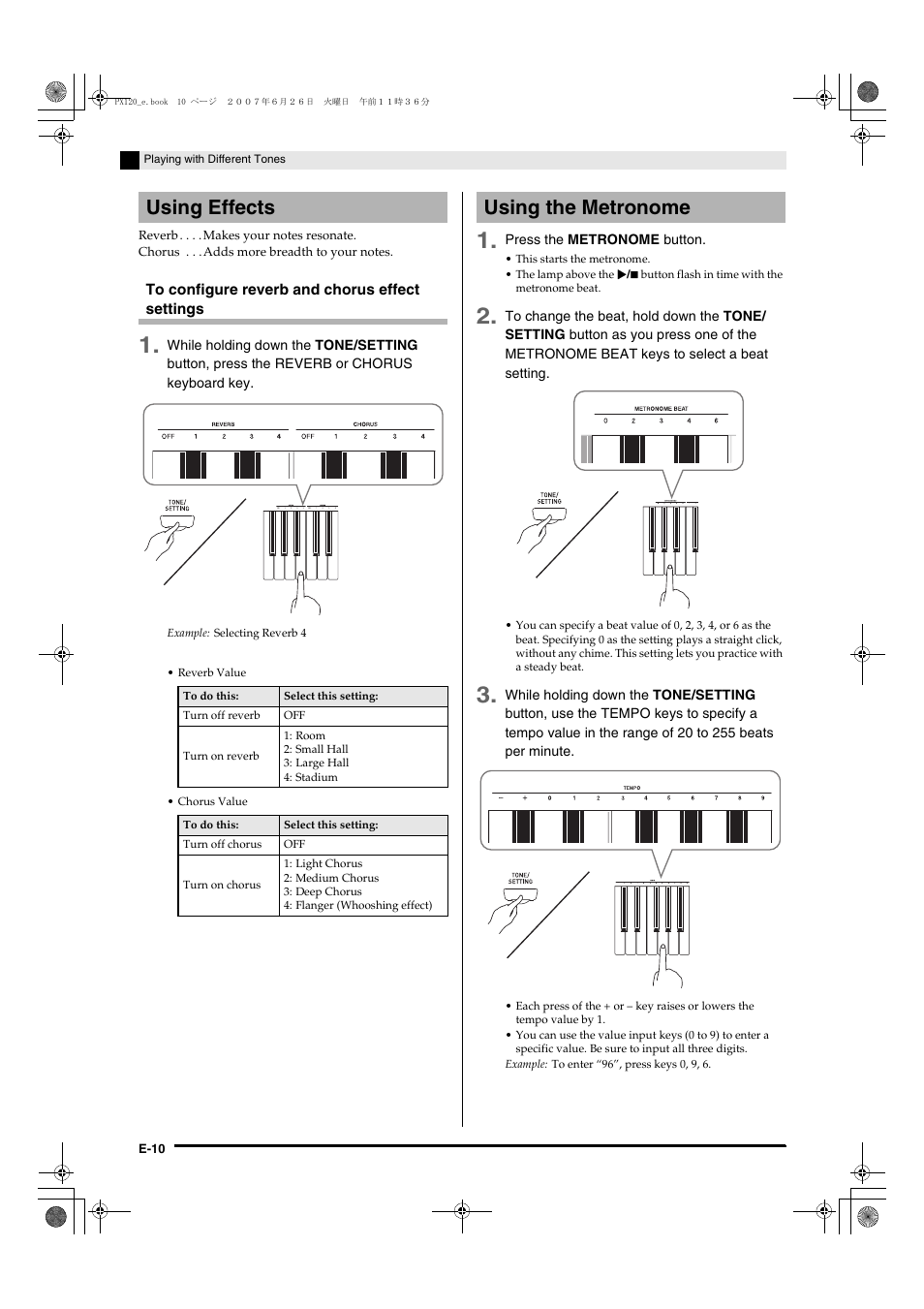 Using effects, Using the metronome | Casio privia PX-120 User Manual | Page 12 / 38