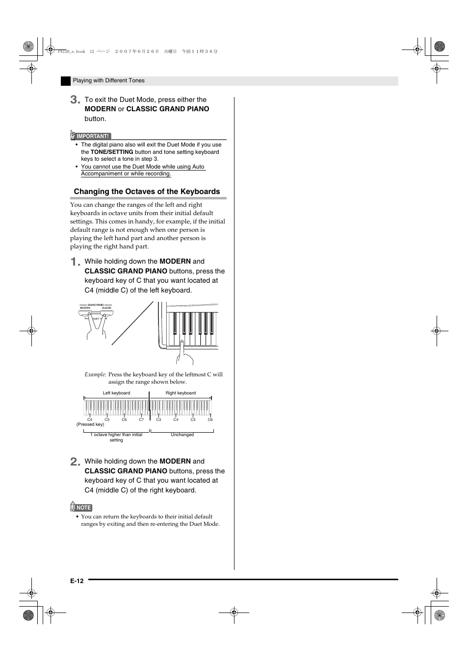 Changing the octaves of the keyboards | Casio privia PX-120 User Manual | Page 14 / 38