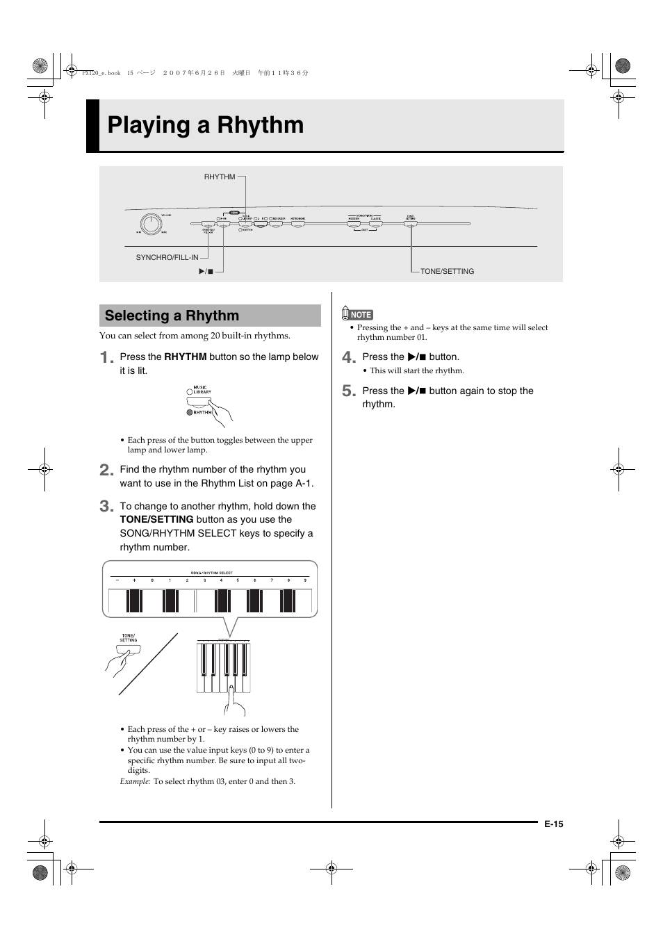 Playing a rhythm, Selecting a rhythm | Casio privia PX-120 User Manual | Page 17 / 38