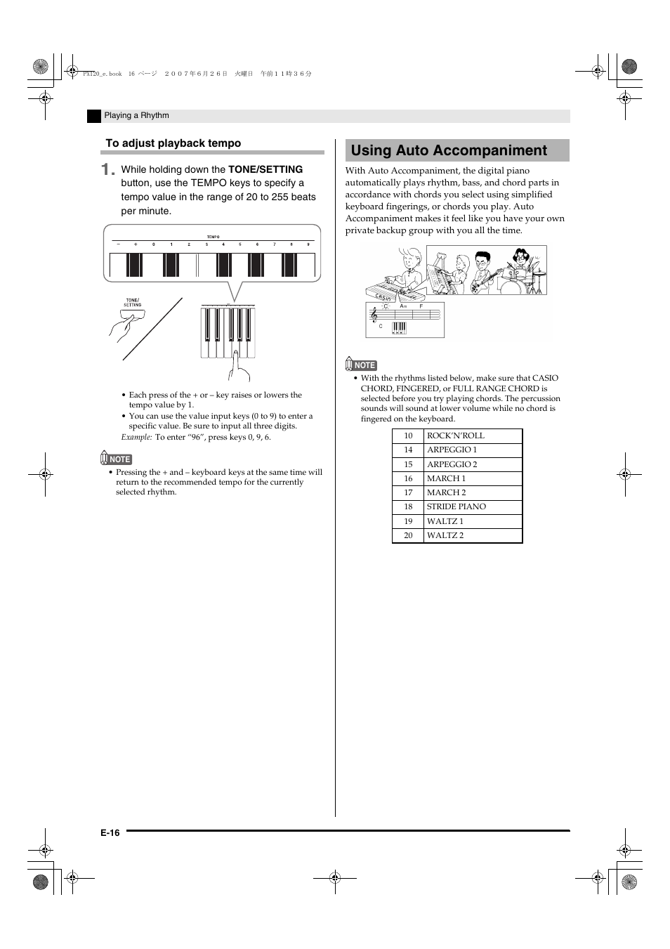 Using auto accompaniment | Casio privia PX-120 User Manual | Page 18 / 38