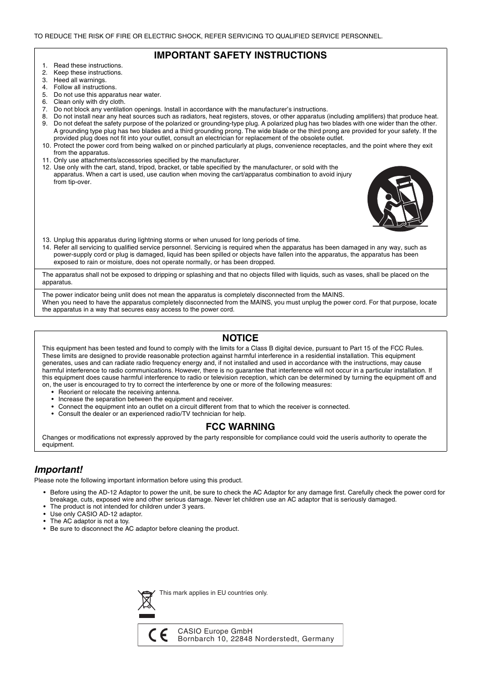 Important, Important safety instructions, Notice | Fcc warning | Casio privia PX-120 User Manual | Page 2 / 38