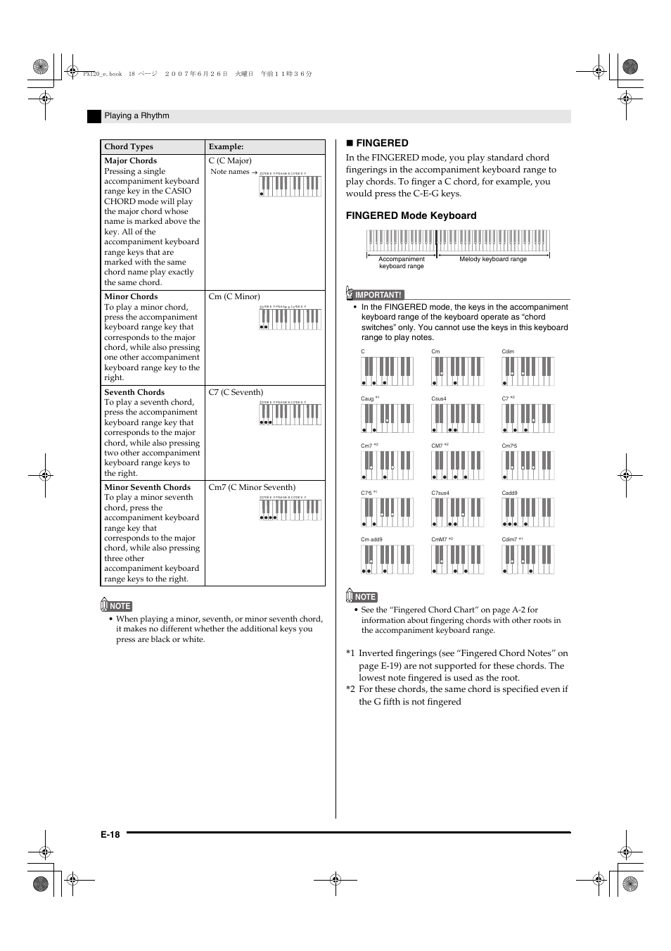 Fingered, Fingered mode keyboard, E-18 | Casio privia PX-120 User Manual | Page 20 / 38