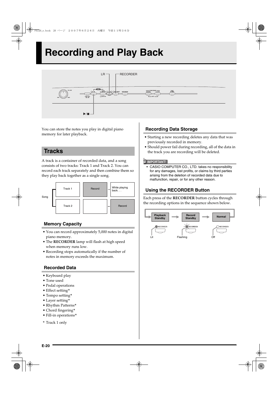 Recording and play back, Tracks | Casio privia PX-120 User Manual | Page 22 / 38