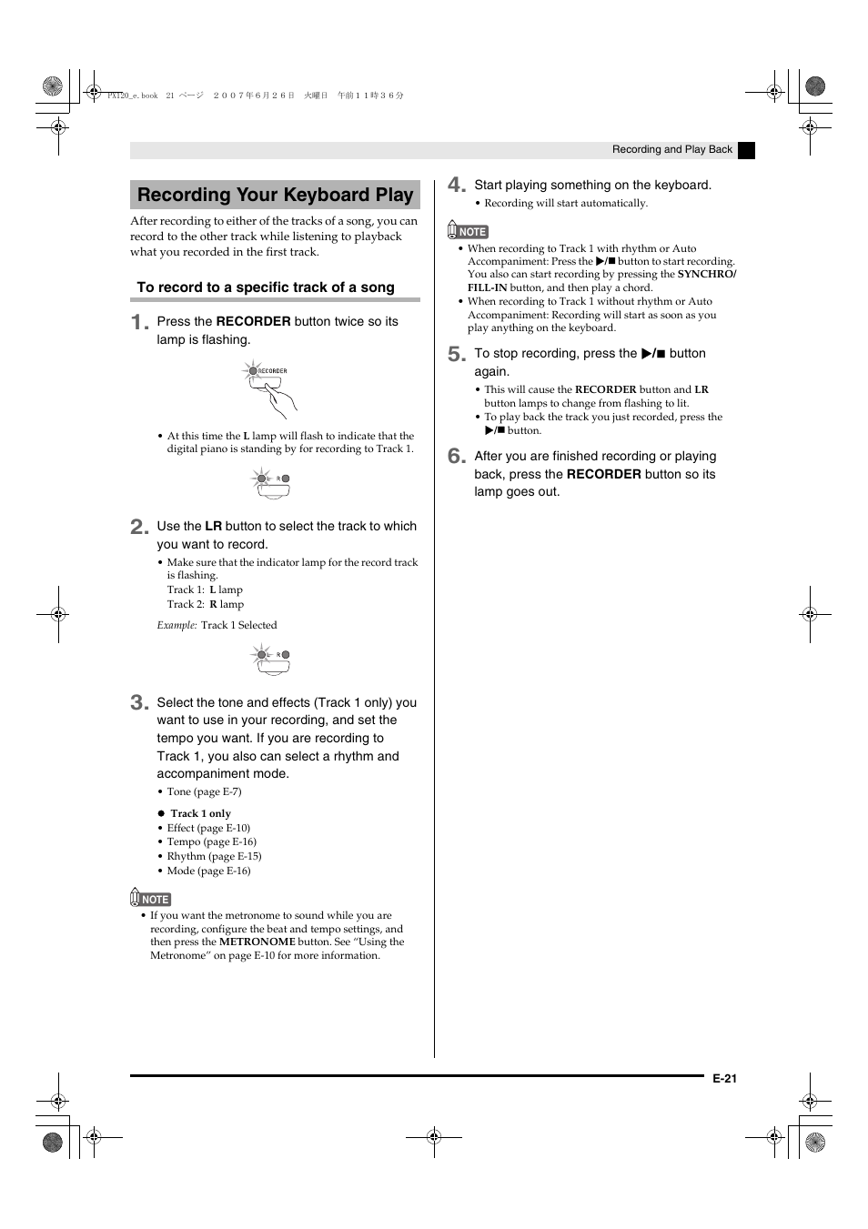 Recording your keyboard play | Casio privia PX-120 User Manual | Page 23 / 38