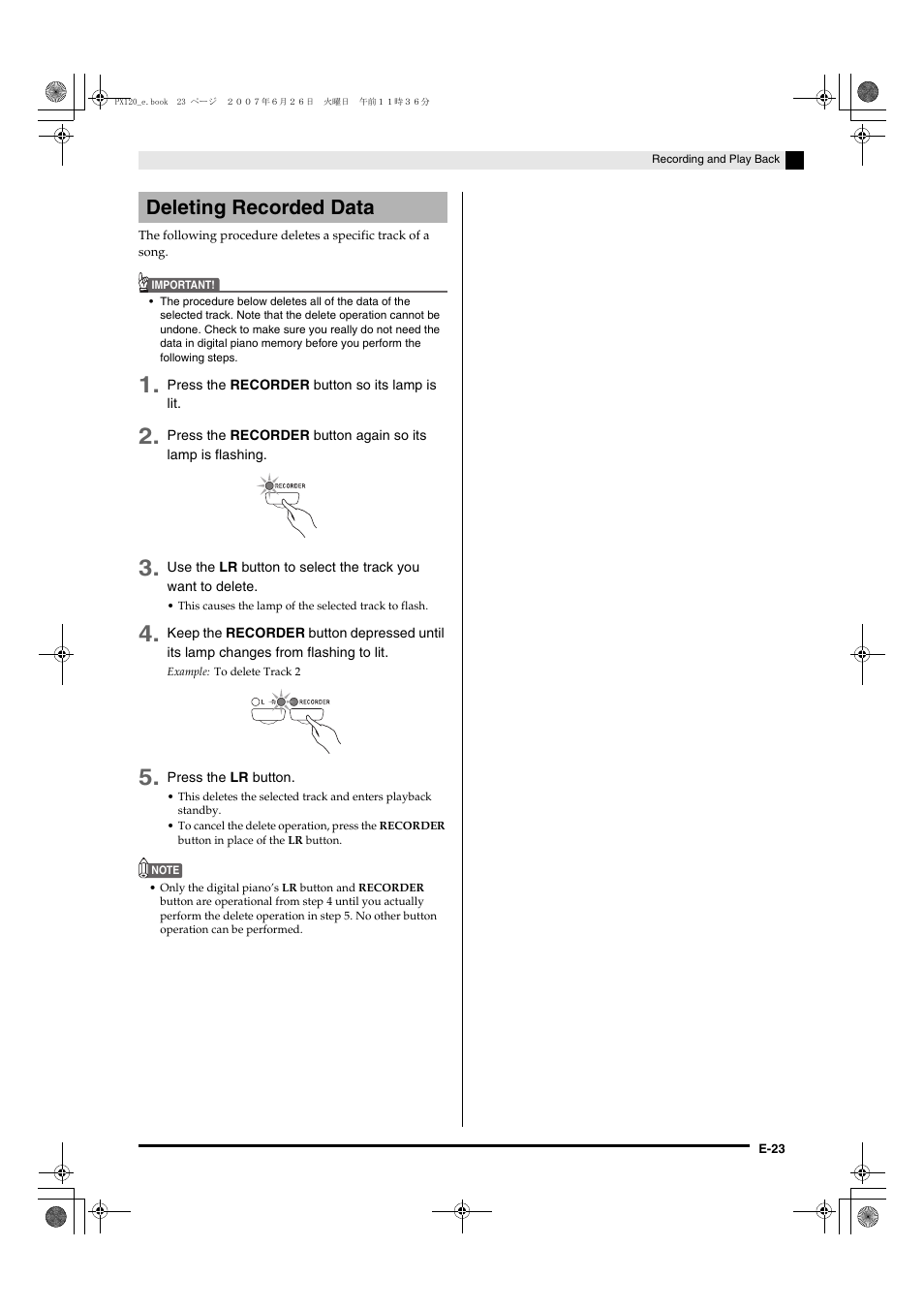 Deleting recorded data | Casio privia PX-120 User Manual | Page 25 / 38