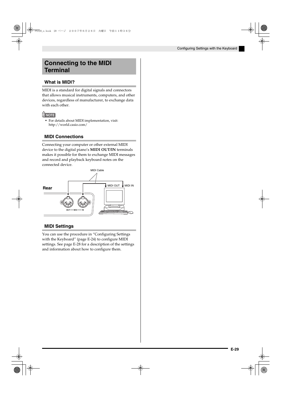 Connecting to the midi terminal | Casio privia PX-120 User Manual | Page 31 / 38