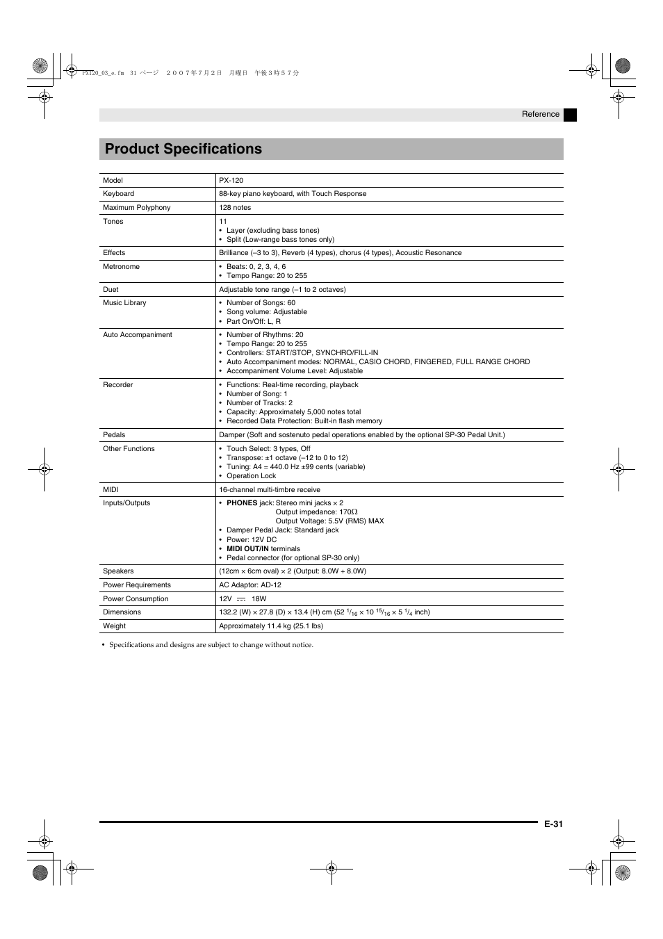 Product specifications | Casio privia PX-120 User Manual | Page 33 / 38