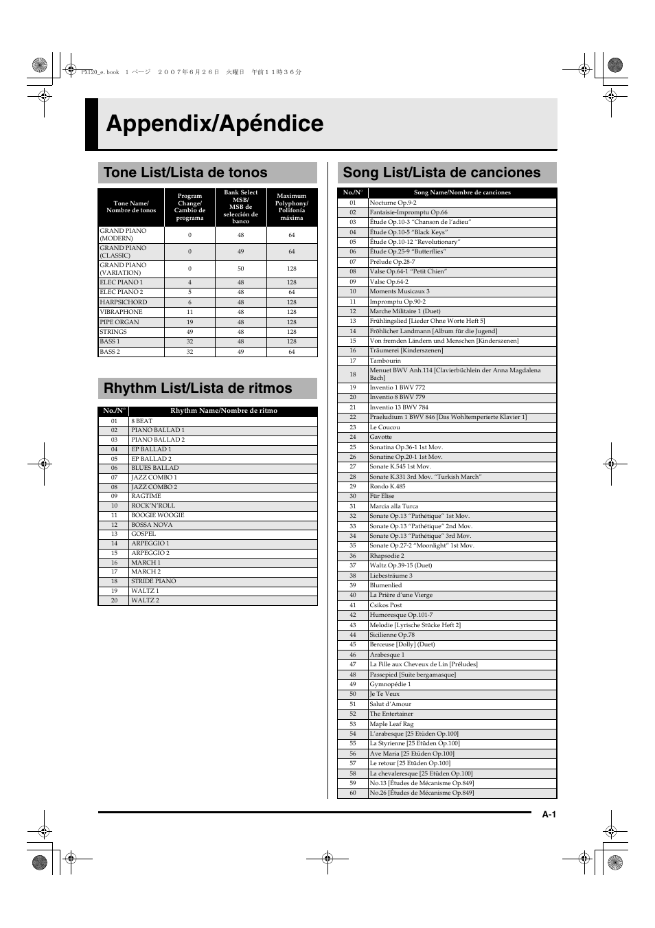 Appendix/apéndice, Tone list/lista de tonos, Rhythm list/lista de ritmos | Song list/lista de canciones | Casio privia PX-120 User Manual | Page 35 / 38