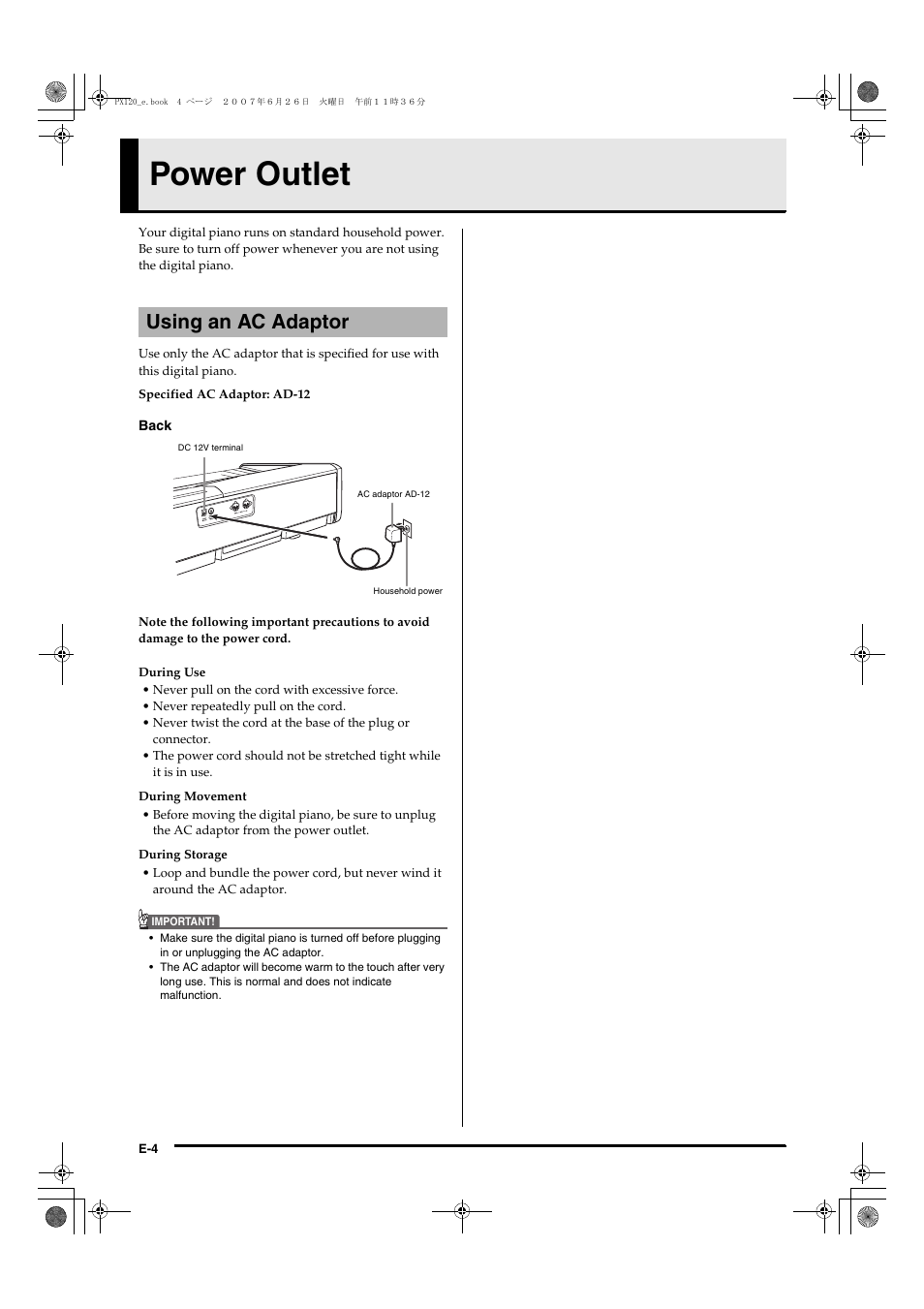 Power outlet, Using an ac adaptor | Casio privia PX-120 User Manual | Page 6 / 38