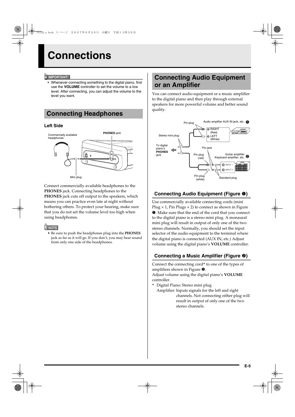 Connections, Connecting headphones, Connecting audio equipment or an amplifier | Casio privia PX-120 User Manual | Page 7 / 38