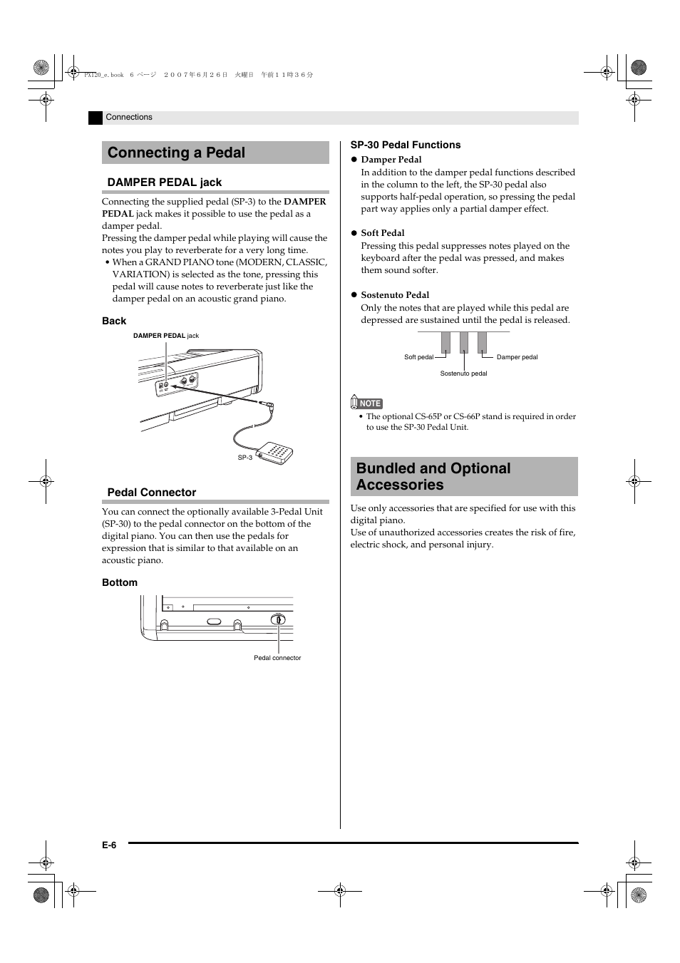 Connecting a pedal, Bundled and optional accessories | Casio privia PX-120 User Manual | Page 8 / 38