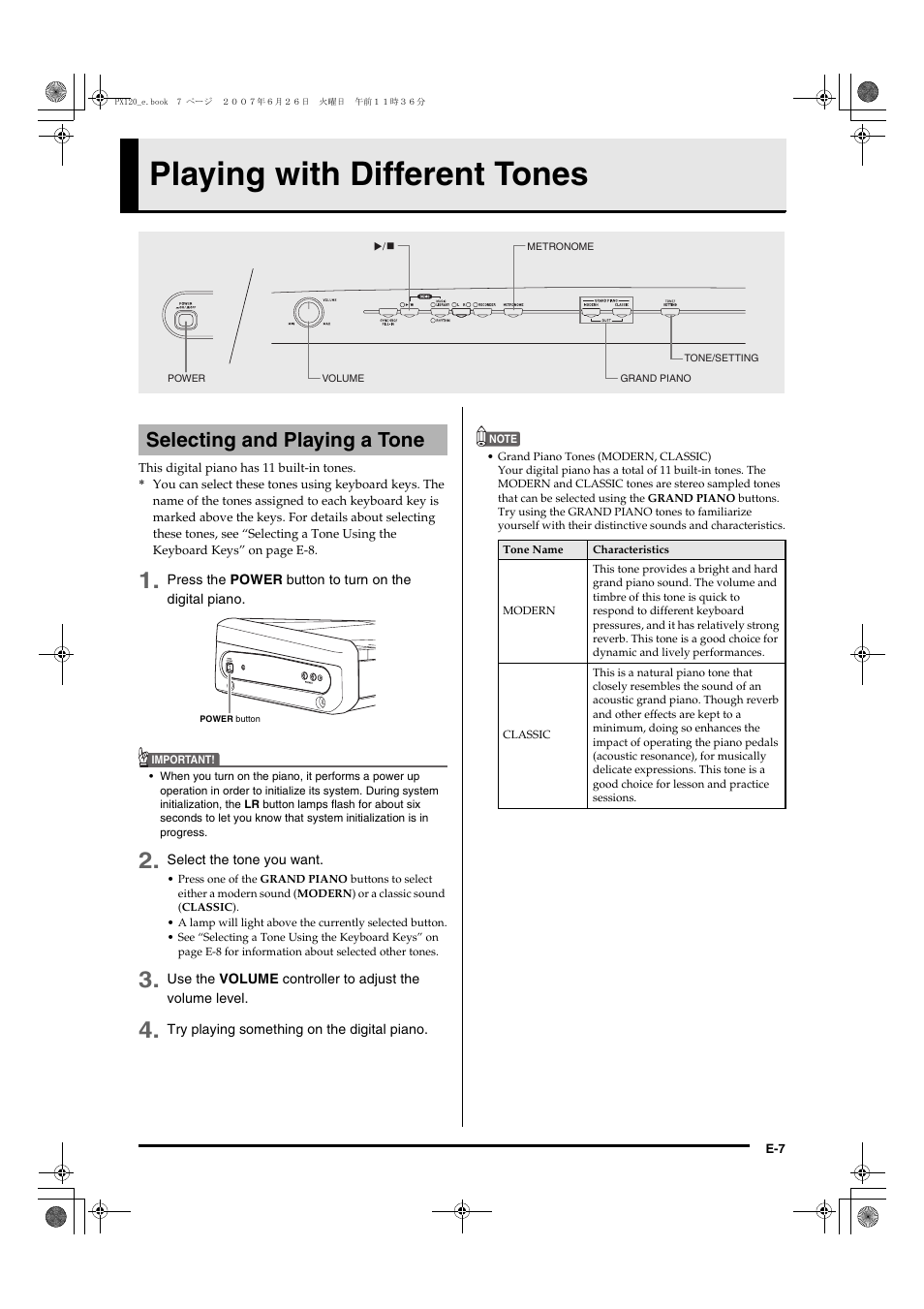 Playing with different tones, Selecting and playing a tone | Casio privia PX-120 User Manual | Page 9 / 38