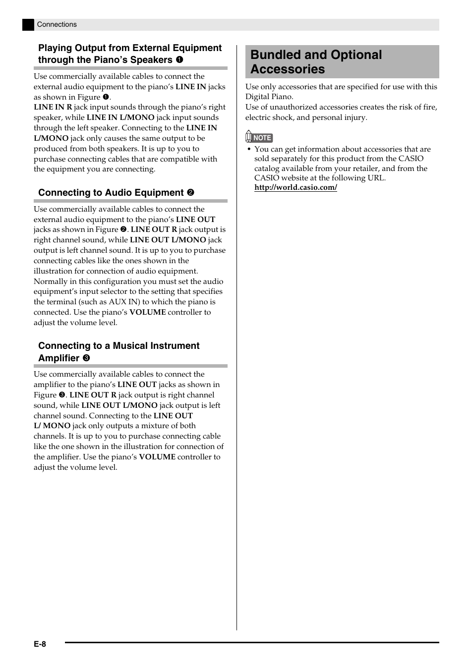 Bundled and optional accessories | Casio PRIVIA PX330ES1A User Manual | Page 10 / 72