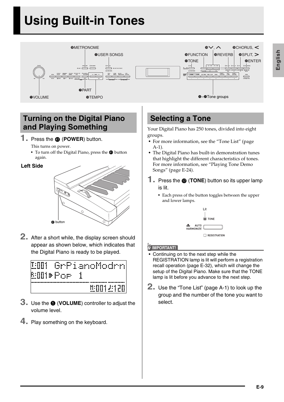 Using built-in tones, Turning on the digital piano and playing something, Selecting a tone | Casio PRIVIA PX330ES1A User Manual | Page 11 / 72