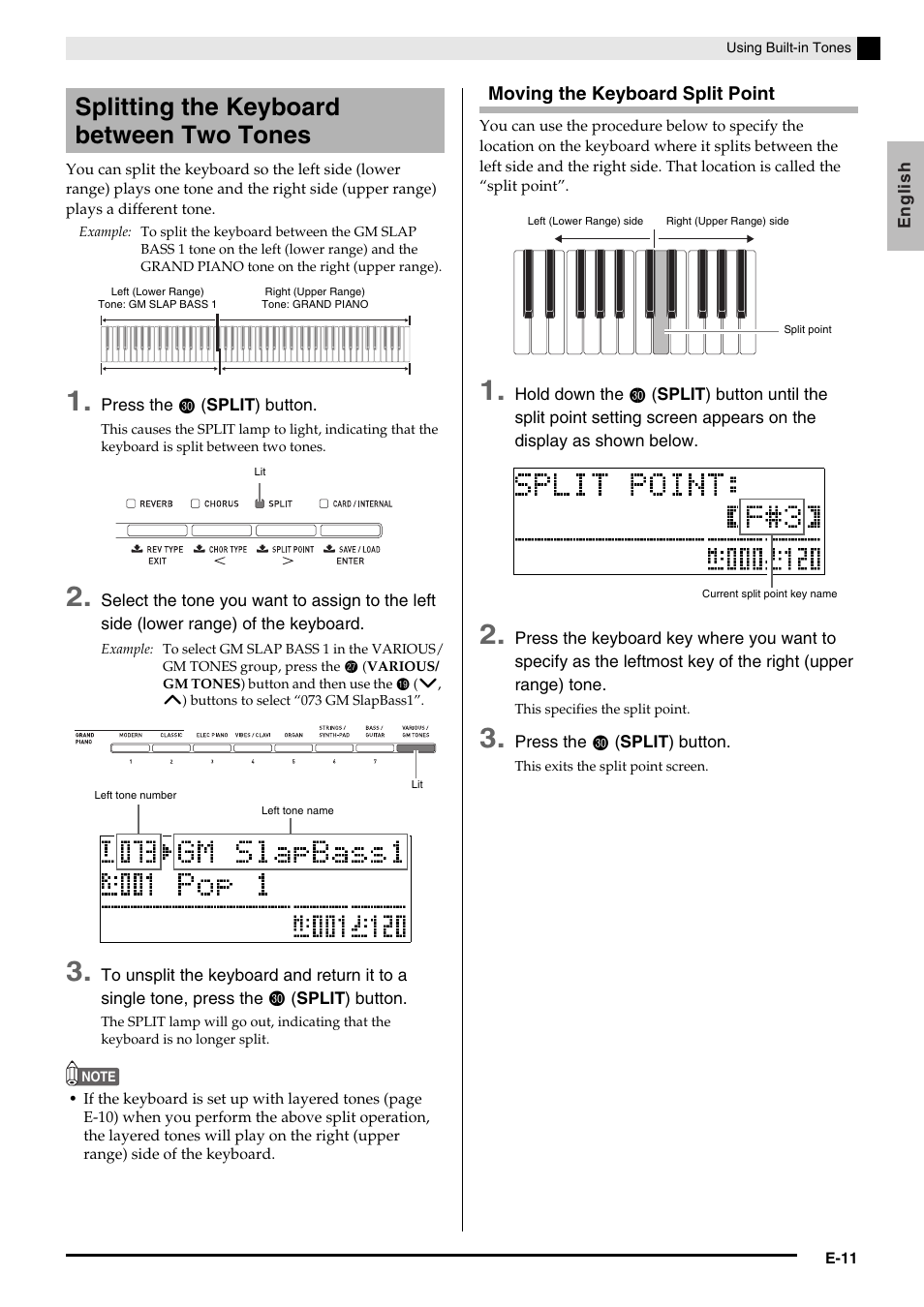 Splitting the keyboard between two tones | Casio PRIVIA PX330ES1A User Manual | Page 13 / 72