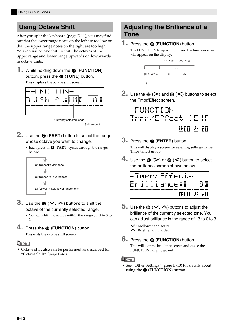 Using octave shift, Adjusting the brilliance of a tone | Casio PRIVIA PX330ES1A User Manual | Page 14 / 72