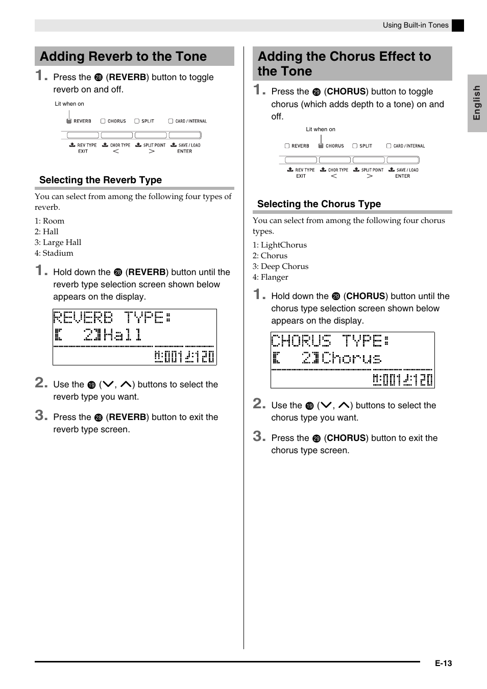 Adding reverb to the tone, Adding the chorus effect to the tone | Casio PRIVIA PX330ES1A User Manual | Page 15 / 72